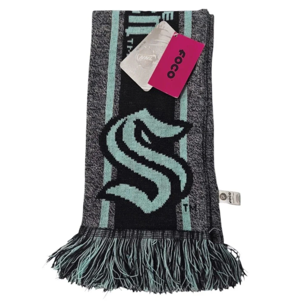 NEW NHL Seattle Kraken Scarf Knit Reversible Teal Blue Hockey FOCO NWT S Logo